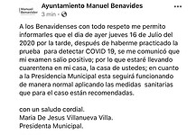 Alcaldesa de Manuel Benavides da positivo a coronavirus