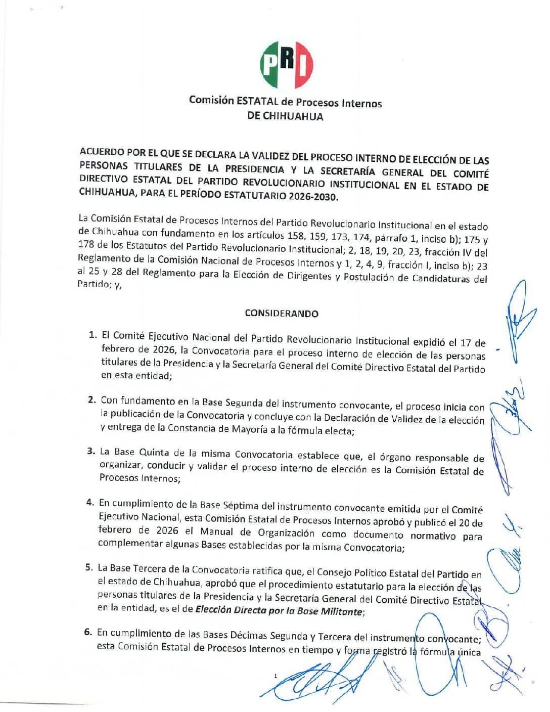 ACUERDO POR EL QUE SE DECLARA LA VALIDEZ DEL PROCESO INTERNO DE ELECCIÓN DE LAS PERSONAS TITULARES DE LA PRESIDENCIA Y LA SECRETARÍA GENERAL DEL COMITÉ DIRECTIVO ESTATAL DEL PARTIDO REVOLUCIONARIO INSTITUCIONAL EN EL ESTADO DE CHIHUAHUA, PARA EL PERÍODO ESTATUTARIO 2026-2030