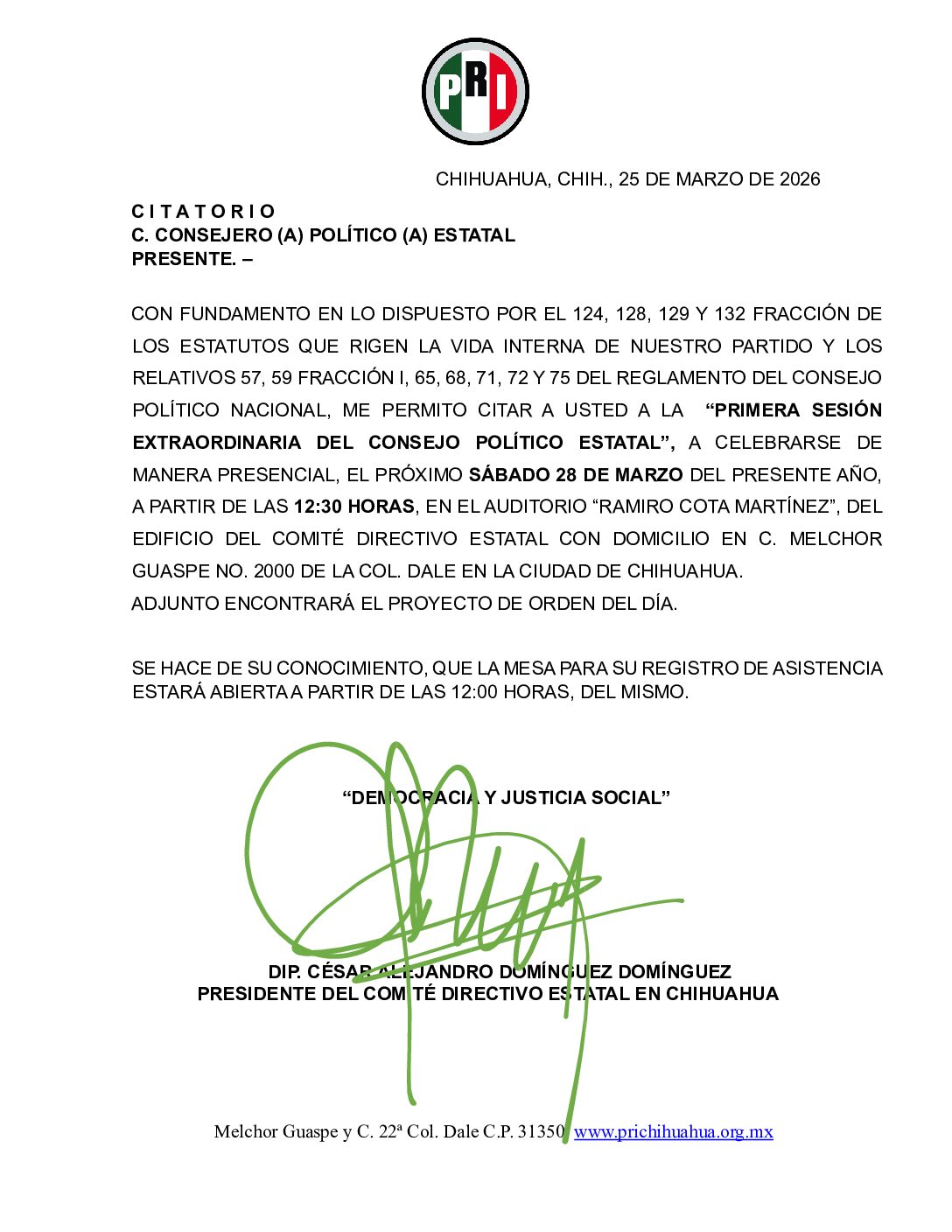 CITATORIO AL CONSEJO POLITICO ESTATAL A LA PRIMER SESION EXTRAORDINARIA 2026