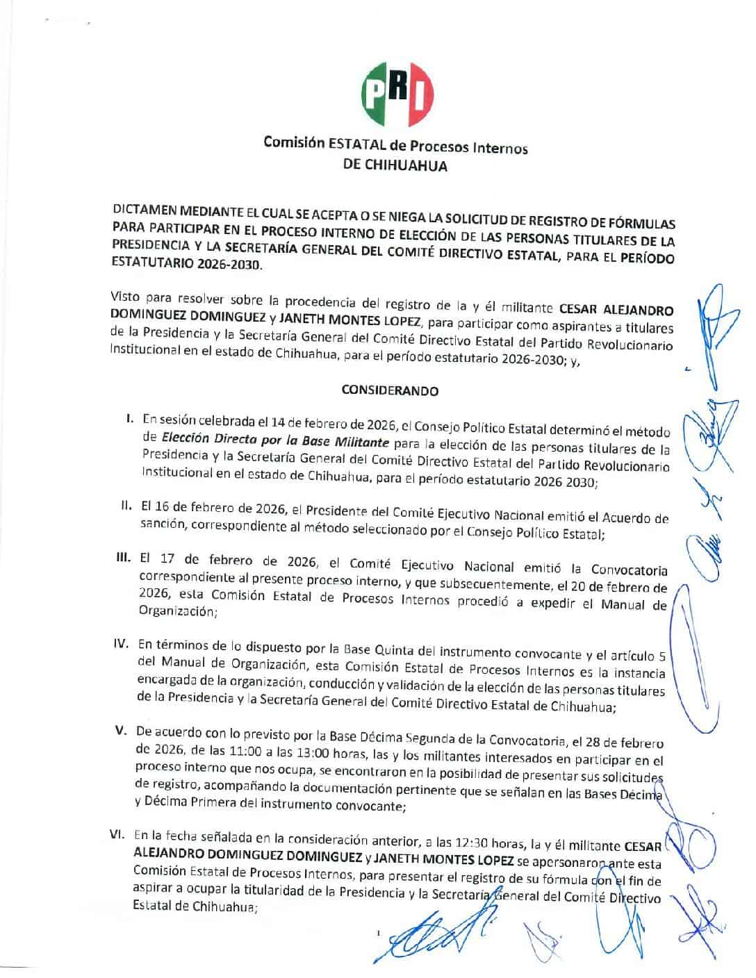 DICTAMEN MEDIANTE EL CUAL SE ACEPTA O SE NIEGA LA SOLICITUD DE REGISTRO DE FÓRMULAS PARA PARTICIPAR EN EL PROCESO INTERNO DE ELECCIÓN DE LAS PERSONAS TITULARES DE LA PRESIDENCIA Y LA SECRETARÍA GENERAL DEL COMITÉ DIRECTIVO ESTATAL, PARA EL PERÍODO ESTATUTARIO 2026-2030.