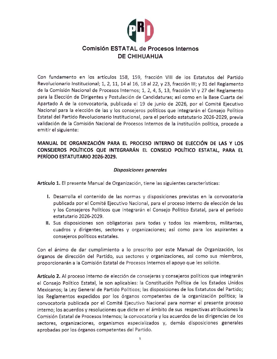 MANUAL DE ORGANIZACIÓN PARA EL PROCESO INTERNO DE ELECCION DEL CONSEJO POLITICO ESTATAL 2026-2029